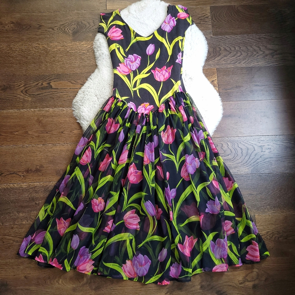 Vintage Betsey Johnson 80s Punk Label Tulip Print Fairy Ballet Midi Dress